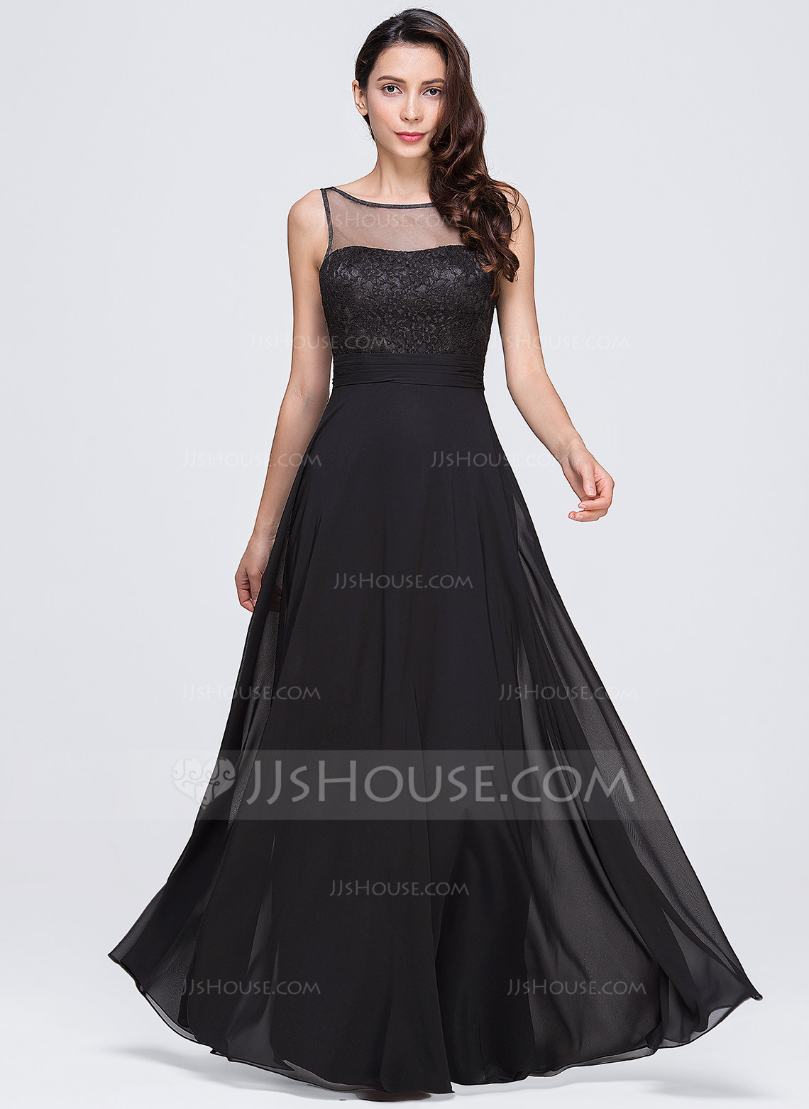 Scoop Sleeveless Chiffon Long A-line Dress With Ruffle Black