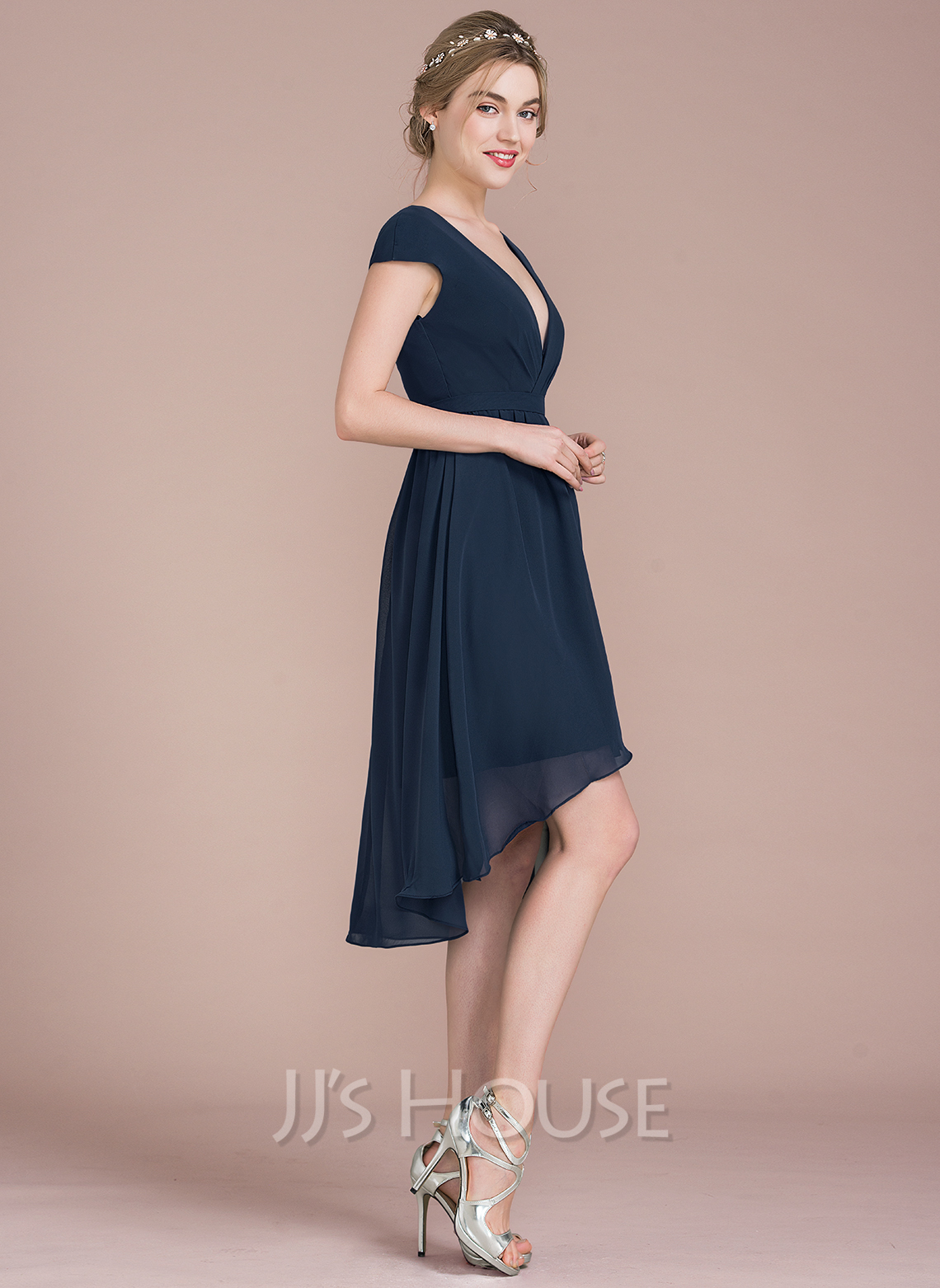 A-Line V-neck Asymmetrical Chiffon Cocktail Dress (016116507) - JJ's House