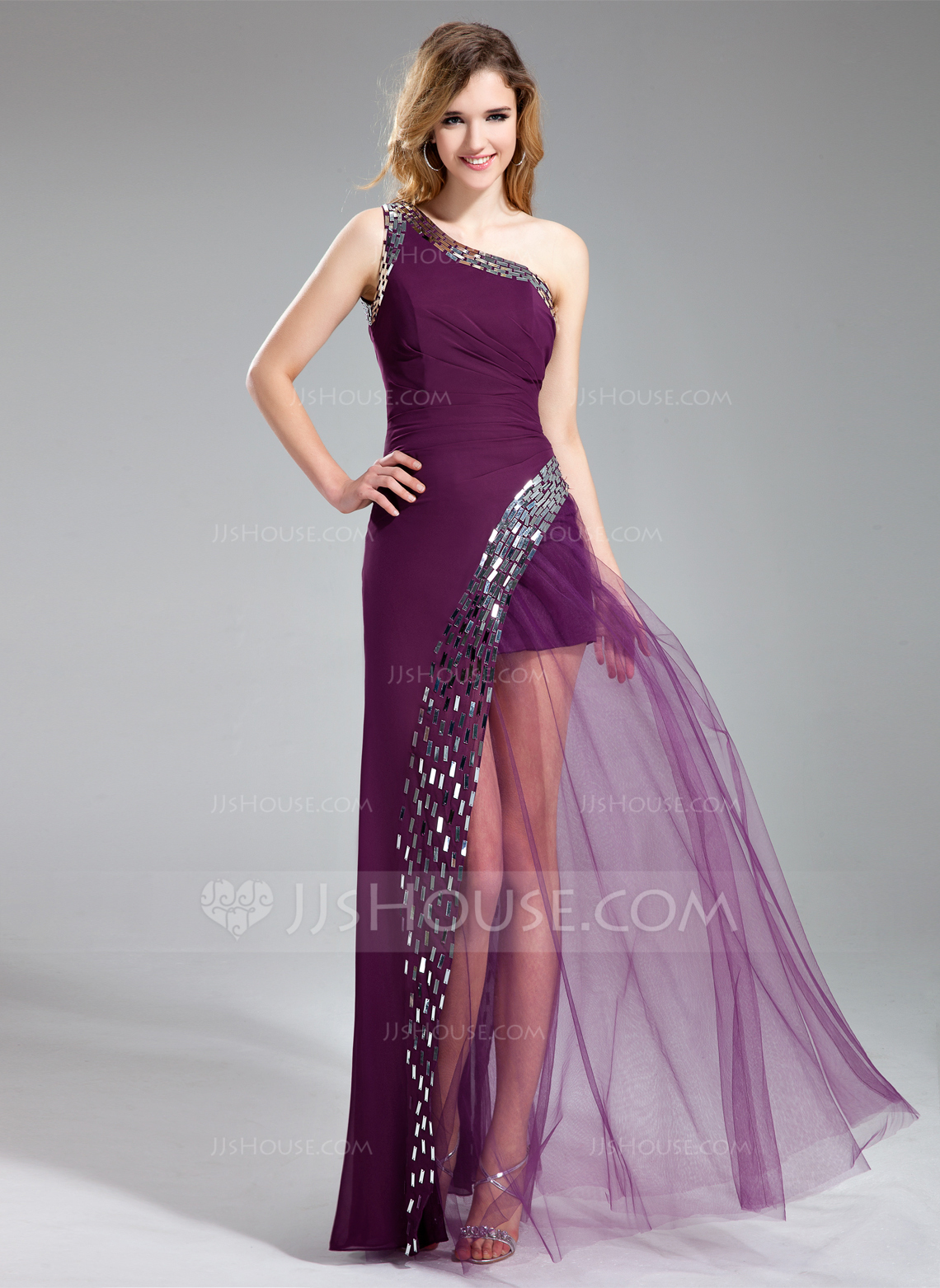 A-Line/Princess Off-the-Shoulder Floor-Length Sequins Prom Dresses With Leg Slit