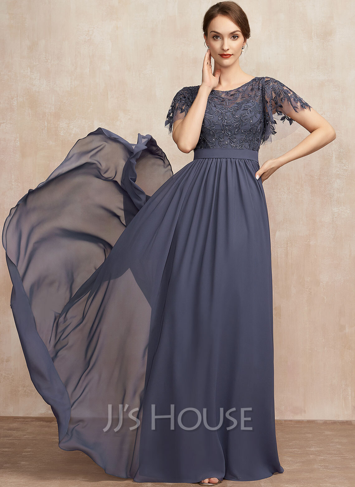 Scoop Lace Top and A-line Chiffon Skirt Set Emerald main image 1