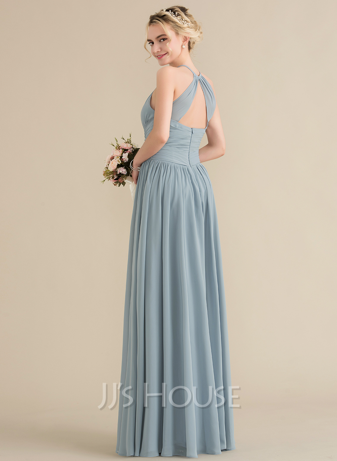 A-Line/Princess 30D Chiffon Ruffles Scoop Long Sleeves Floor-Length Bridesmaid Dresses main image 1