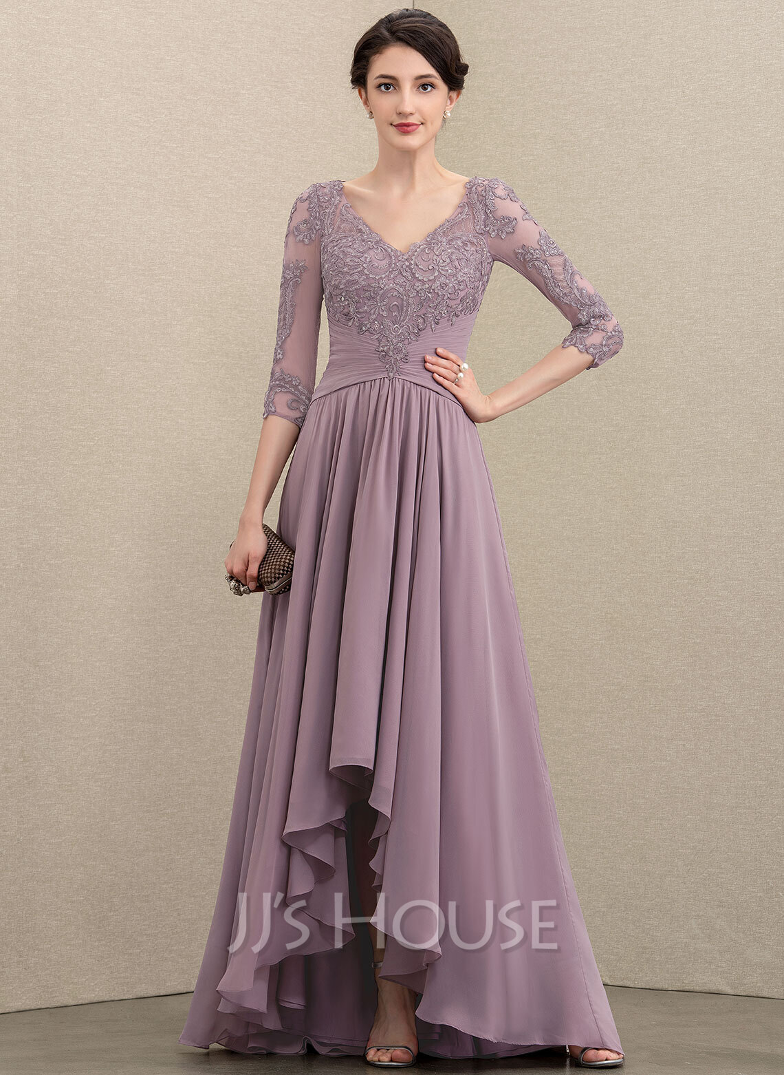 A-Line V-neck Asymmetrical Chiffon Lace Evening Dress With Sequins ...