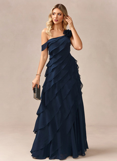 One Shoulder Flower Chiffon Maxi Dress