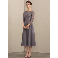 A-Line Scoop Neck Pleated Chiffon Tea-Length Dress Cabernet