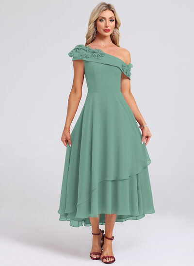 One Shoulder 3D Floral Chiffon Midi Dress
