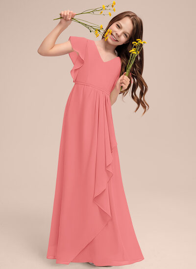 Flutter Sleeves V-neck Asymmetrical Junior Bridesmaid Dresses Blushing Pink main image 0