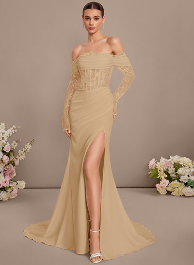 Jurk a-lijn-jurk van kant met off-the-shoulder