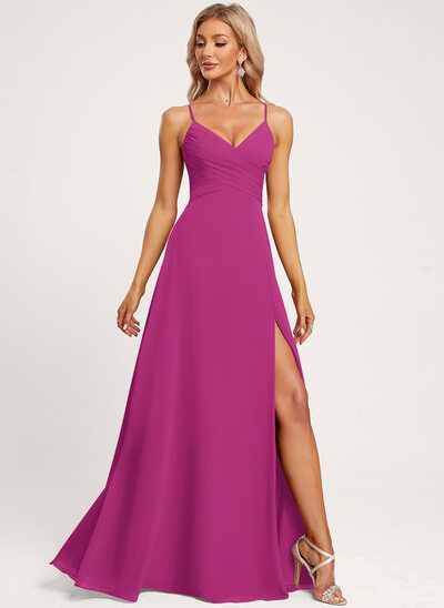 fuchsia pink bridesmaid dress Hot Pink Lace Chiffon Bridesmaid Dresses Pleats Floor Length Bridesmaid Gowns ARD2468 main image 0