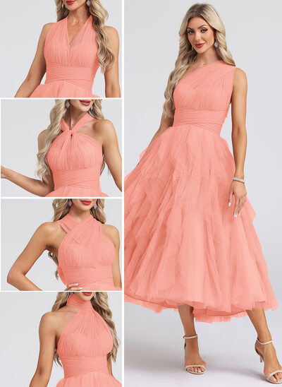 Abito midi con volant a cascata in tulle