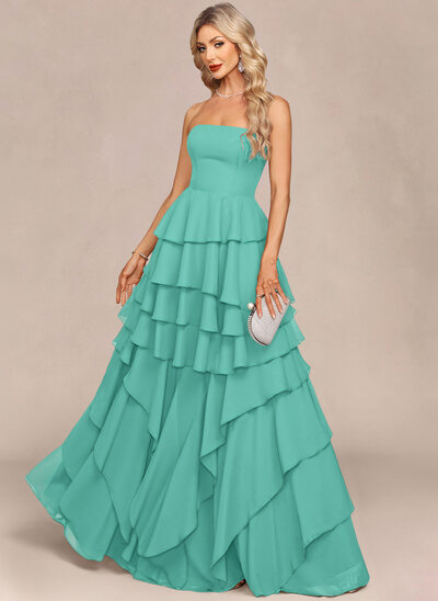 Strapless Cascading Ruffles Chiffon Maxi Dress