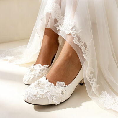 Mujer zapatos de novia piel sintética tacón alto puntera redonda zapatos de tacón de novia elegante apliques boda zapatos