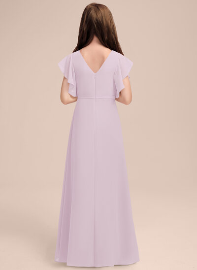 Flutter Sleeves V-neck Asymmetrical Junior Bridesmaid Dresses Blushing Pink