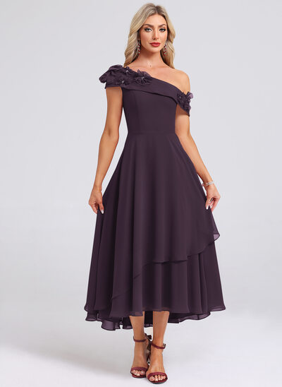 One Shoulder 3D Floral Chiffon Midi Dress