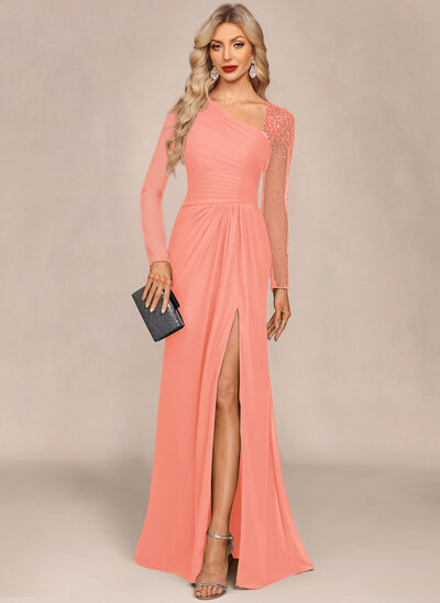 strapless open back dress Cowl Neck One Shoulder A Line Chiffon Maxi Dress - Coral main image 1