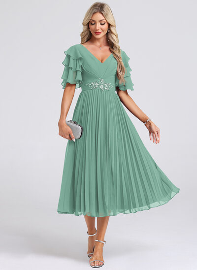 Pleated Chiffon Midi Dress