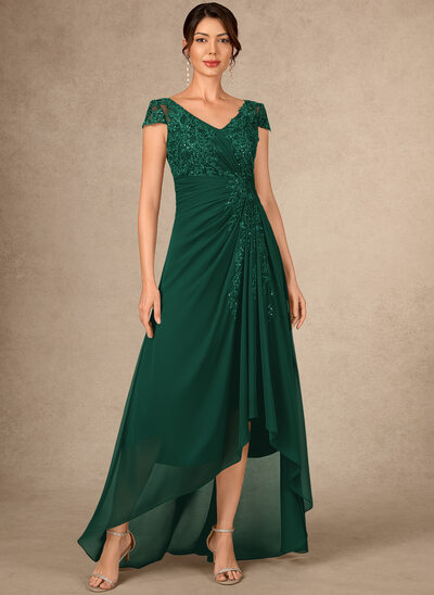 slim fit dress slacks Dark Green Mother of The Bride Dress Plus Size A Line Chiffon V Neck Ruffle Sleeves Appliques Waist High Low Mother of The Bride Dresses main image 0