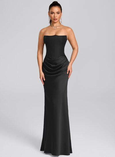 black matte satin bridesmaid dresses Berylove Women Matte Satin Formal Dress Contrast Off the Shoulder Black Column Long Party Dress, Black White / US20W main image 0