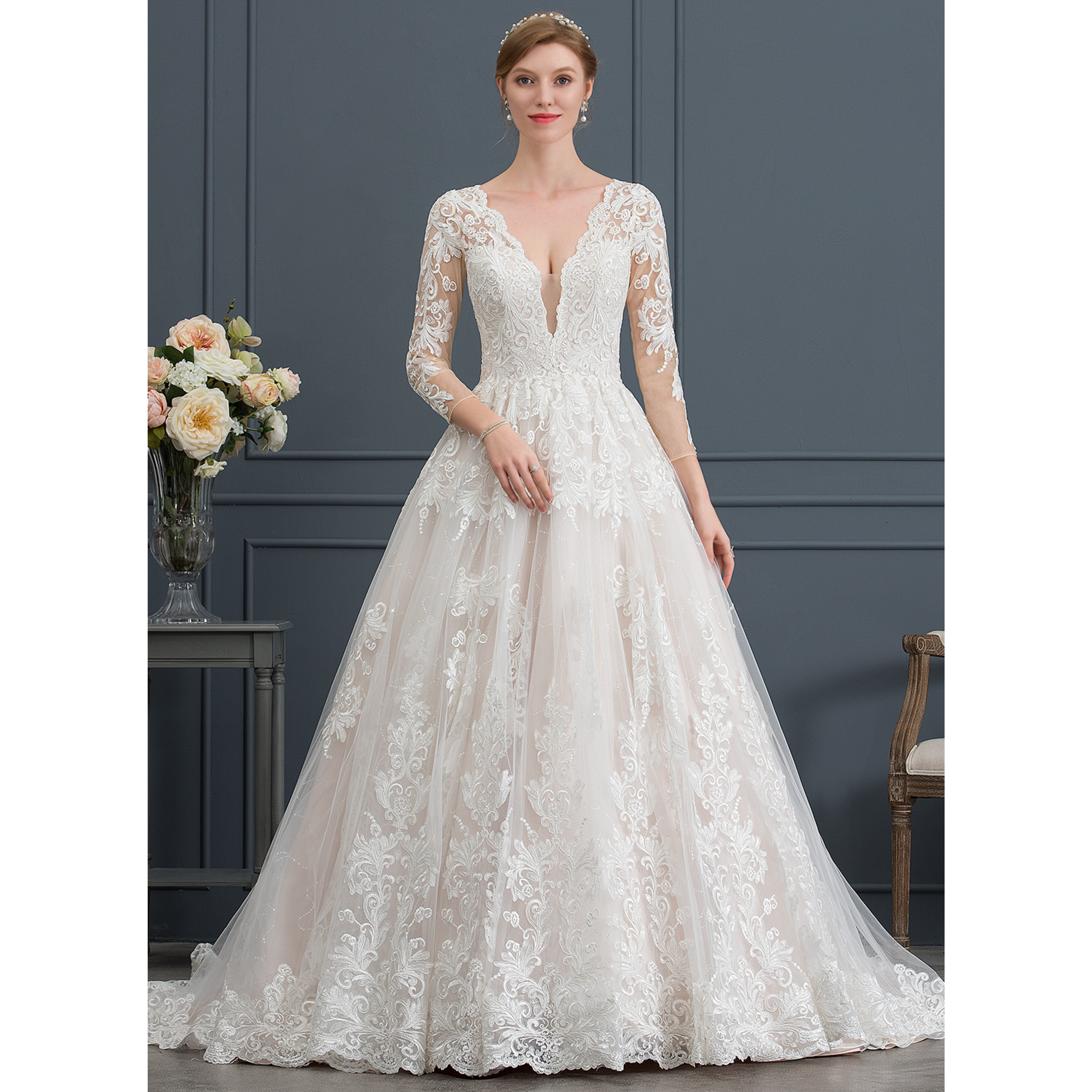 JJ's House Ball-Gown Princess V-Neck Chapel Train Lace Tulle Wedding Dress 2026 - Size: 06, Ivory-Nude JJ's House Ball-Gown Princess V-Neck Chapel Train Lace Tulle Wedding Dress 2026 - Size: 06, Ivory-Nude